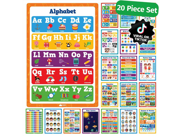 Educational Learning Posters for Toddlers 1-3 - 20pc Classroom Toddler Learning Posters - 16 x 11 Classroom Decor, Back to School Teacher Supplies...