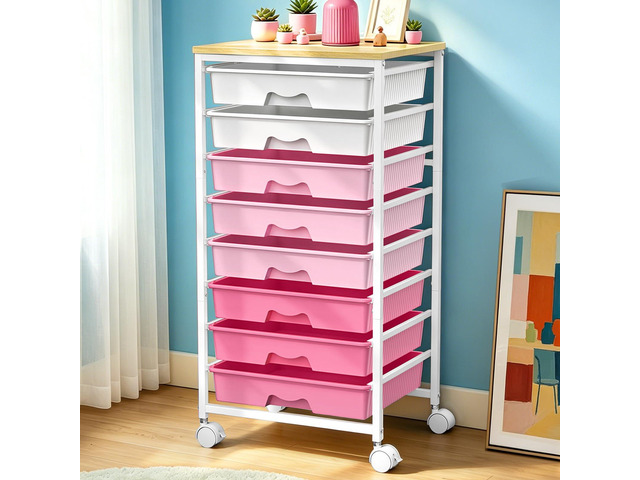 Rolling Cart With 8 Drawers, Storage Drawer Cart for Craft Art,Pink Storage Utility Cart with Wooden Tabletop & 2 Lockable Wheels, Teacher Storage...