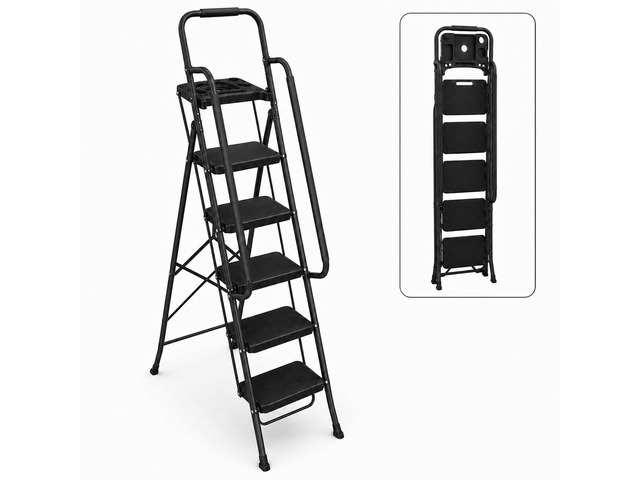 5-Step Ladder with Wide Anti-Slip Platform & Thick Rubber Feet Heavy Duty Foldable & Portable 330 lbs Capacity, Steel Frame, Rubber Handgrip,...