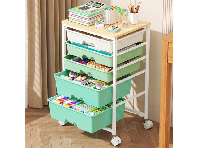 Rolling Cart with 5 Drawers for Craft, Art, Dorm, Office, Green Utility Cart Organizer With 5 Removable Drawers and Wooden Tabletop, Lockable...