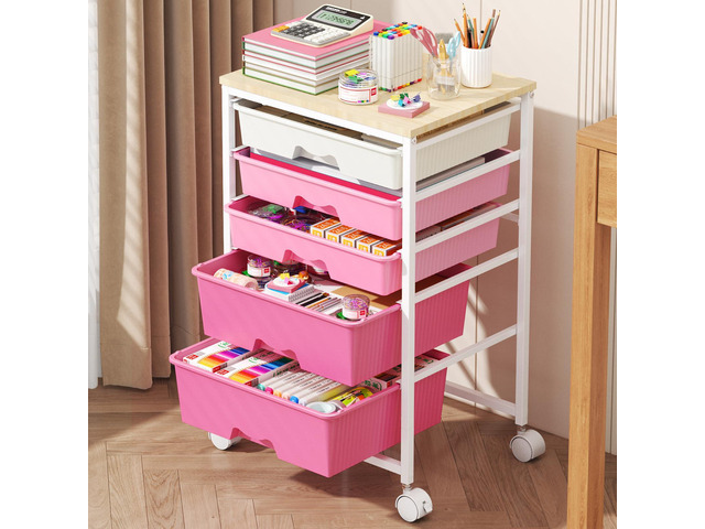 Rolling Cart with 5 Drawers for Craft, Art, Dorm, Office, Pink Utility Cart Organizer With 5 Removable Drawers and Wooden Tabletop, Lockable...