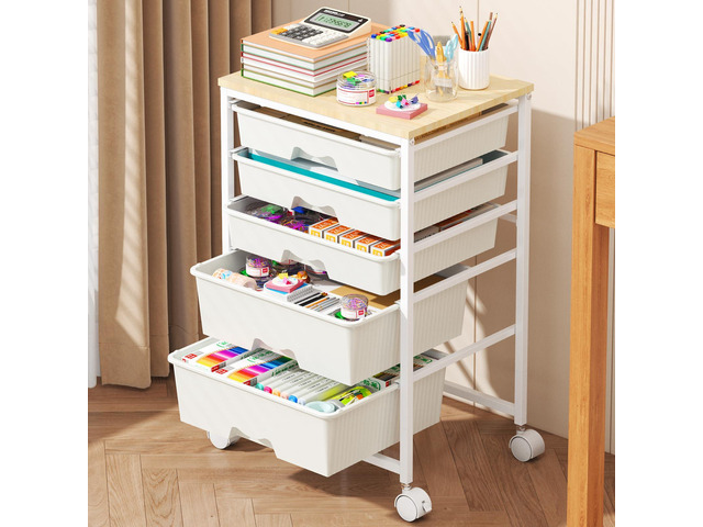 Rolling Cart with 5 Drawers for Craft, Art, Dorm, Office, White Utility Cart Organizer With 5 Removable Drawers and Wooden Tabletop, Lockable...