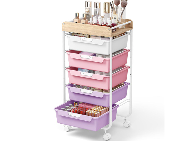 Rolling Storage Utility Cart with 5 Drawers,Purple Craft Cart with Wheels,Makeup Organizer,Art Supply And Storage Wooden Tabletop
