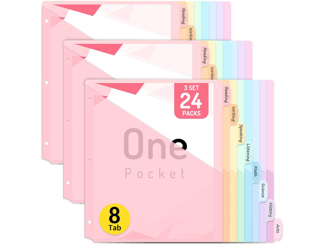 24 Count Dividers for 3 Ring Binder, 8 tabs Binder Divider Dividers with Pockets, Binder Dividers with Tabs for School Office and Home...