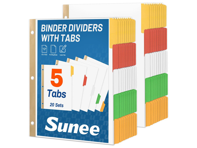 Binder Dividers with Colorful Write On & Erase Tabs for 3 Ring Binder, 8.5 x 11 Paper White Reusable Dividers Blank with 5 Tabs, 20 Sets Page...