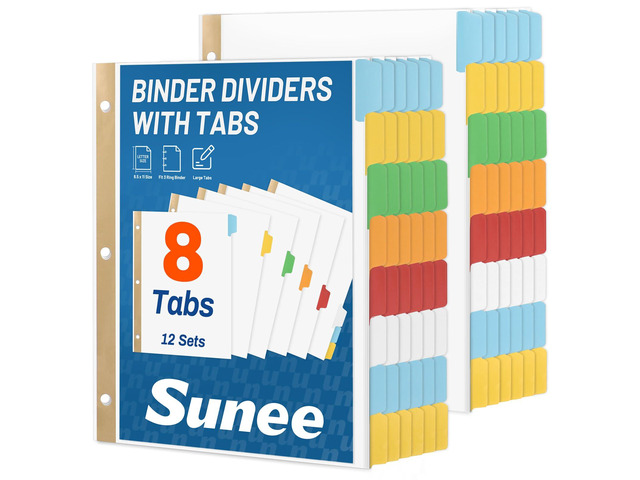 Binder Dividers with Colorful Write On & Erase Tabs for 3 Ring Binder, 8.5 x 11 Paper White Reusable Dividers Blank with 8 Tabs, 12 Sets Page...