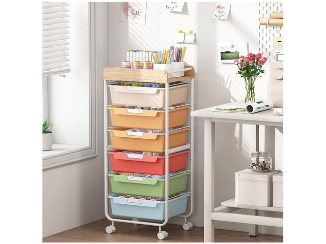 Rolling Cart with 6 Drawers,Craft Organizer and Storage,Rainbow Utility Storage Cart with Drawers,Art Cart,Makeup Organizer With Wooden Tabletop