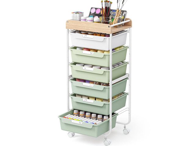 Rolling Cart with 6 Drawers,Art Craft Organizer and Storage,Green Utility Storage Cart with Drawers,Makeup Organizer With Wooden Tabletop