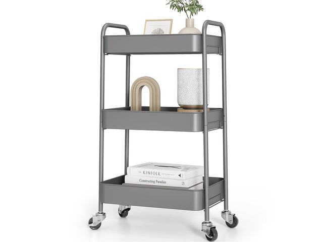 3 Tier Metal Rolling Cart, Utility Storage Cart with Wheels, Grey Screwless Assembly, Lockable Metal Wheels, Trolley Organizer for Bathroom,...