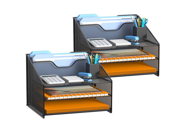2 Pack Mesh Desk File Organizer Letter Tray Holder, Desktop File Folder Holder with 3 Paper Trays and 2 Vertical Upright Section, Black