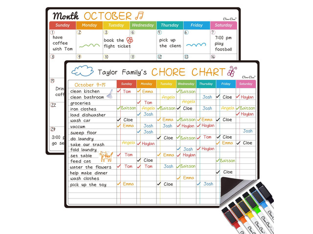 Magnetic Dry Erase Chore Chart, Monthly Calendar Set - 14.5'x11' Monthly Calendar, Chore Board for Fridge - 6 Extra Fine Point Markers Included -...