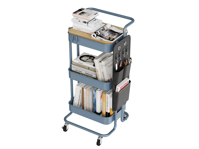 3-Tier Rolling Cart with Table Top, Metal Utility Cart with Side Bags Tray Storage Organizer, Lockable Wheels, 4 Hooks, Art Cart for Kitchen,...