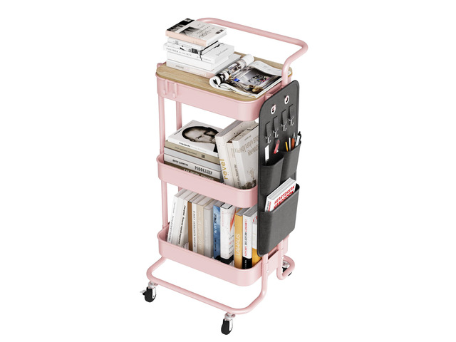 3-Tier Rolling Cart with Table Top, Metal Utility Cart with Side Bags Tray Storage Organizer, Lockable Wheels, 4 Hooks, Art Cart for Kitchen,...
