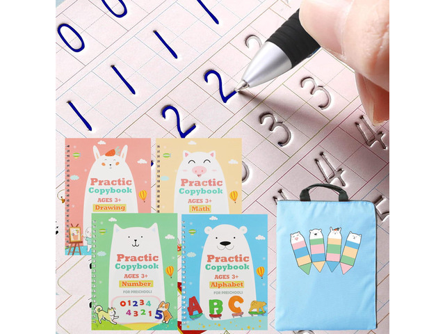 Upgraded Large Size Magic Practice Writing Copybook for Kids, Reusable Copybook Preschool - 4 Books with Pens - Blue Bag