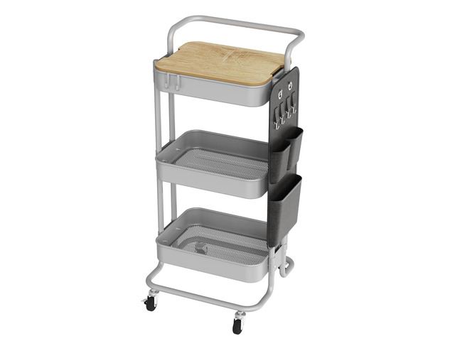 3-Tier Rolling Cart with Table Top, Metal Utility Cart with Side Bags Tray Storage Organizer, Lockable Wheels, 4 Hooks, Art Cart for Kitchen,...