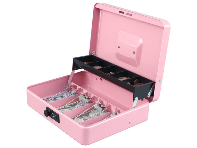 Cash Box with Combination Lock, Metal Money Safe Storage Box, Pink Cash Box with Money Tray and Combination Lock,Tiered, Cantilever Design,4 Bill /...