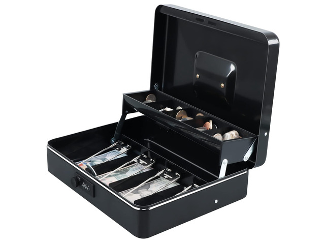Cash Box with Combination Lock, Metal Money Safe Storage box, Black Cash Box with Money Tray and Combination Lock,Tiered, Cantilever Design,4 Bill...