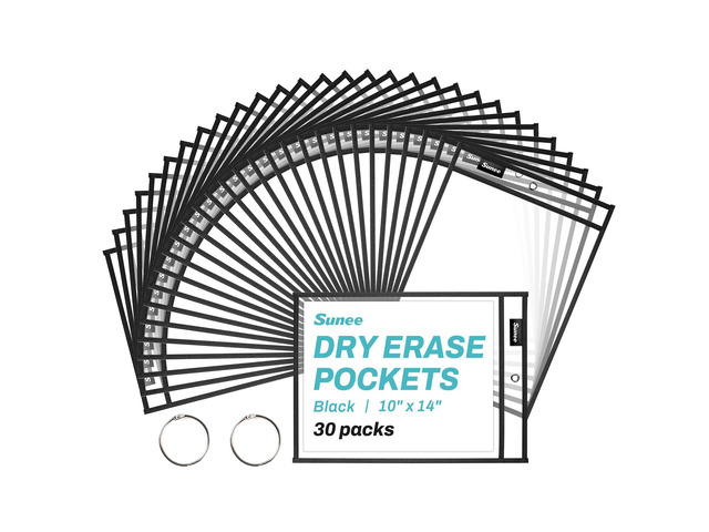 30 Packs Oversized Reusable Dry Erase Pocket Sleeves with 2 Rings, Black 10x14 Ticket Holders, Clear Plastic Sheet Protectors, Teacher School...