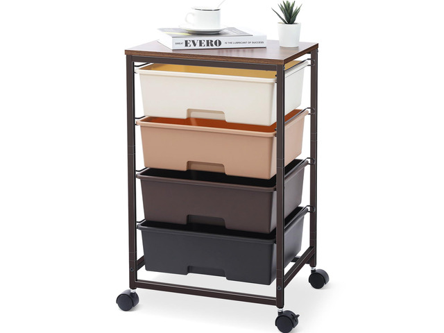 Utility Cart with 4 Drawers, Brown Rolling Storage Cart with Drawers, Storage Rolling Drawer Cart