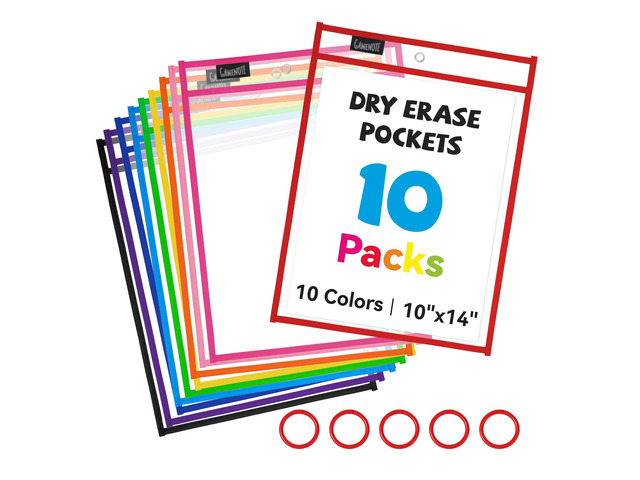 10 Pack Dry Erase Pockets, 10x14 Reusable Sleeves, 10 Colors 10 reusable PVC pockets hold 8.5 x 11 and 9 x 12 sheets; double sided wipe clean...
