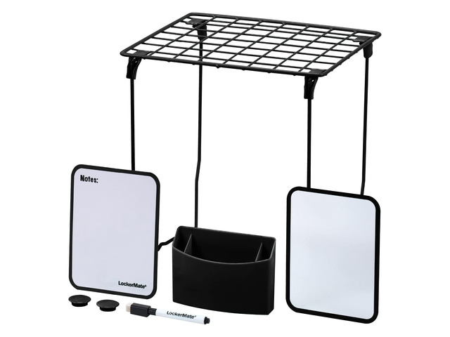 7-Piece Locker Organizer Kit, Includes Locker Shelf, Mirror, Whiteboard, Storage Cup & Dry Erase Marker - Black
