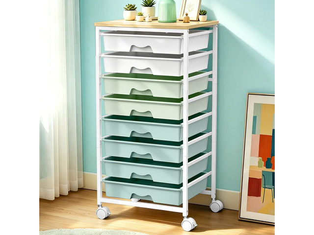 Rolling Cart With 8 Drawers,Storage Drawer Cart for Craft Art,Green Storage Utility Cart with Wooden Tabletop & 2 Lockable Wheels, Teacher Storage...