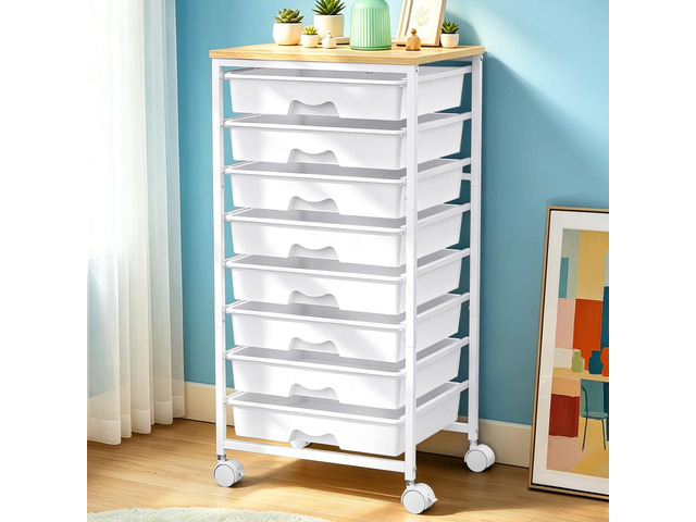 Rolling Cart With 8 Drawers,Storage Drawer Cart for Craft Art,White Storage Utility Cart with Wooden Tabletop & 2 Lockable Wheels, Teacher Storage...