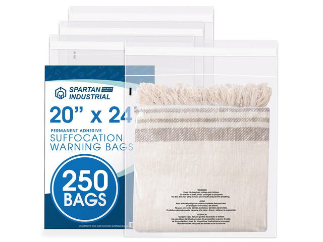 20' X 24' (250 Count) Self-Seal Clear Poly Bags With Suffocation Warning for Packaging, Bedding, Costumes - Permanent Adhesive
