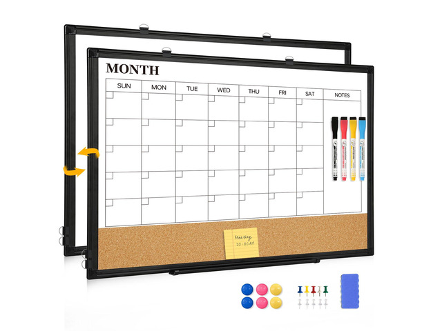Monthly Dry Erase Calendar Whiteboard with Corkboard, 36' x 24', Black Magnetic, White Board Cork Board Combo, Double Sided, Wall Mounted, Aluminum...