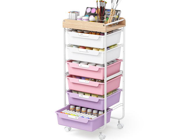 Rolling Cart with 6 Drawers,Craft Organizer and Storage,Purple Utility Storage Cart with Drawers,Art Cart,Makeup Organizer With Wooden Tabletop