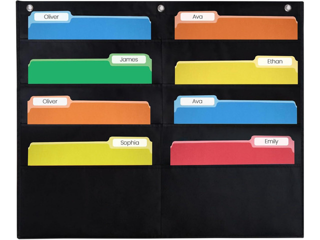 8 Pocket File Pocket Chart, Black, 28' Wide x 26' Tall Versatile Wall Hanging File Folder Organizer for Classrooms, Offices, Home, and More - Wall...