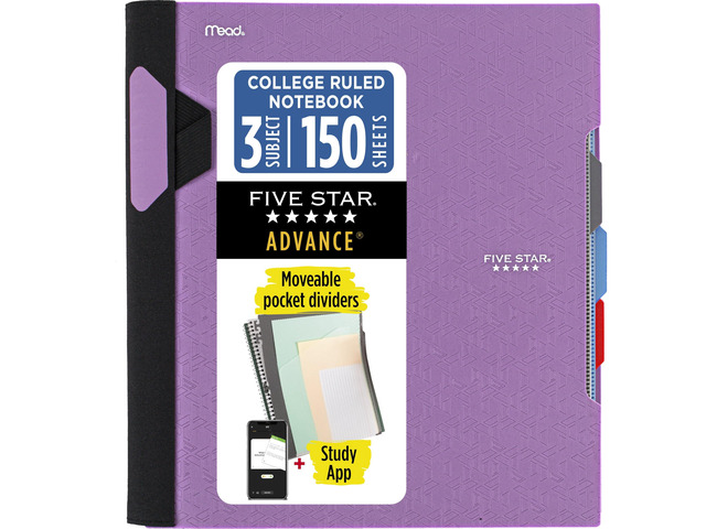 Advance Spiral Notebook + Study App, 3 Subject, College Ruled Paper, 8-1/2' x 11', 150 Sheets, Spiral Guard, Movable Tabbed Dividers, Amethyst...