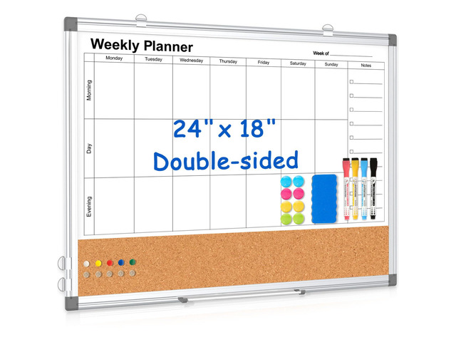 Weekly Dry Erase Calendar Whiteboard for Wall, 24' x 18' Cork Week Planner Double-Sided Magnetic, Planning White Board Combo, Bulletin Board,...