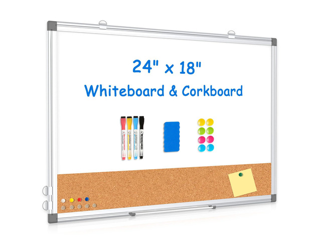 Whiteboard Cork Board Combo for Wall, 24' x 18' Dry Erase Whiteboard Double-Sided Magnetic, Corkboard White Board Combo, Bulletin Board, Aluminium...