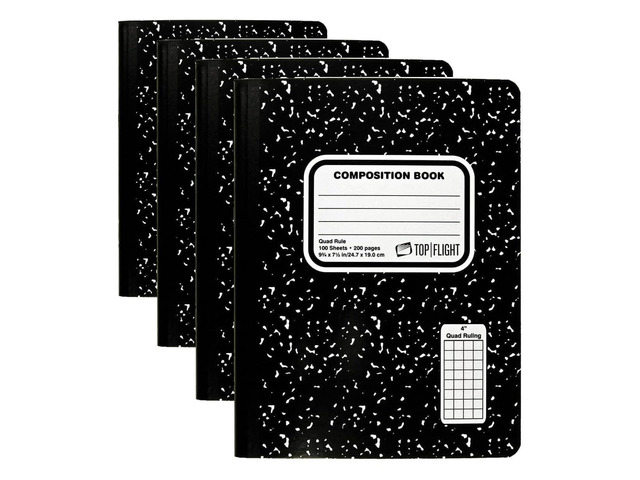 Sewn Marble Composition Book, Black/White, Quad Rule, 4 Squares per Inch, 9.75 x 7.5 Inches, 100 Sheets (41320) (Pack of 4)