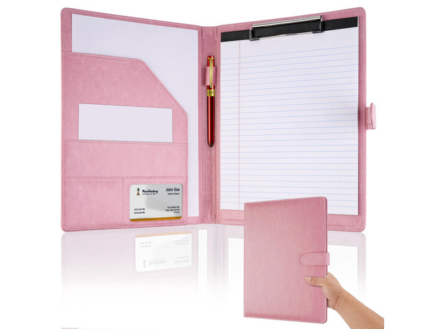 Professional Padfolio with Clipboard, Faux Leather Portfolio Folder Binder Pink Legal Pad Holder for A4 Letter Size Notepad, Resume, Notebook Cover...