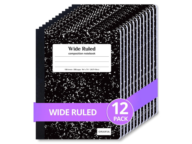 Composition Notebook Wide Ruled Bulk, 200 Pages, Marble Black 100 Sheets, 9.75 x 7.5 in, 12 Pack Wide Ruled Composition Notebooks, Durable Comp...