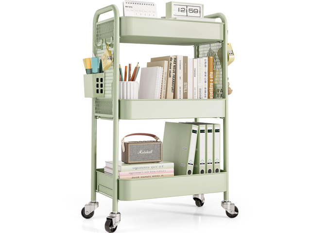 3 Tier Rolling Cart, Metal Utility Storage Cart with Pegboard, Green 2 Bins & 4 Hooks, Screwless Assembly, Lockable Wheels, Trolley Organizer for...