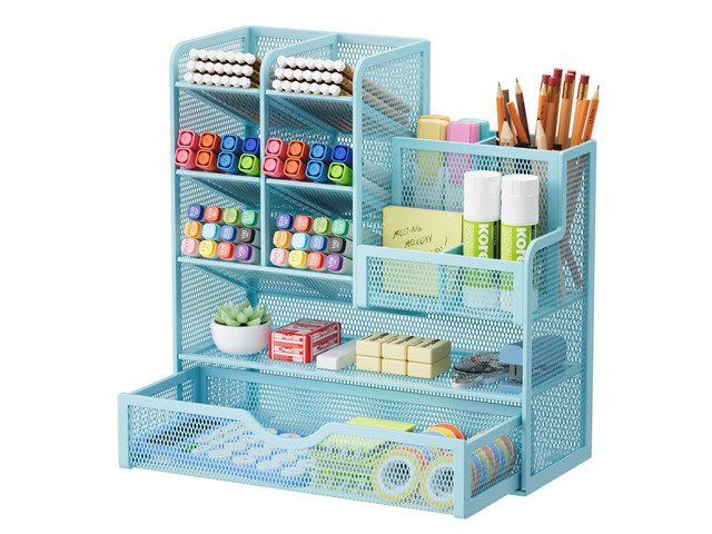 Mesh Pen Holder for Desk, Multi-Functional Pencil Organizer with Drawer, Desk Organizers and Accessories for Office Art Supplies (Blue)