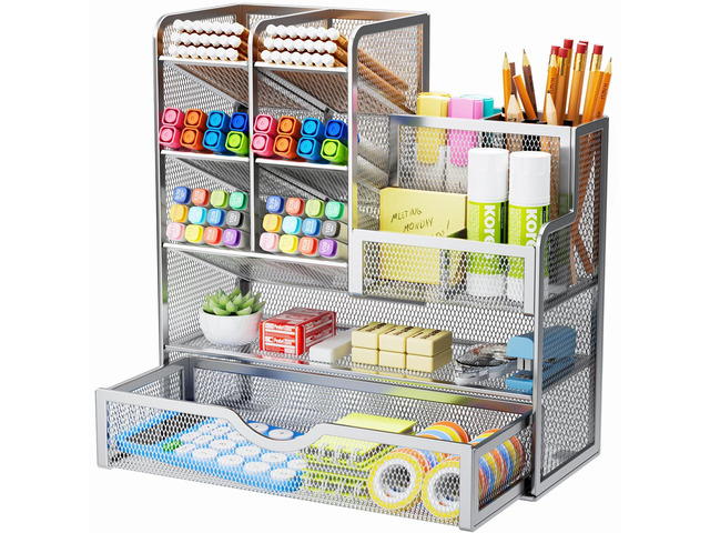 Mesh Pen Holder for Desk, Pen Organizer with Drawer, Multi-Functional Pencil Organizer, Desk Organizers and Accessories for Office Art Supplies...