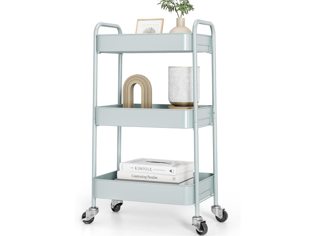 3 Tier Metal Rolling Cart, Utility Storage Cart with Wheels, Green Screwless Assembly, Lockable Metal Wheels, Trolley Organizer for Bathroom,...