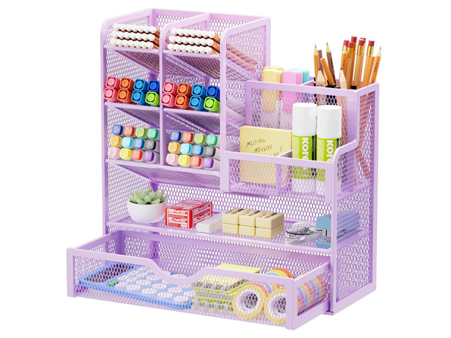 Mesh Pen Holder for Desk, Multi-Functional Pencil Organizer with Drawer, Desk Organizers and Accessories for Office Art Supplies (Purple)