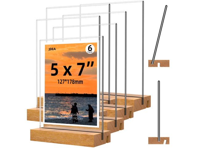 5x7 Inch Acrylic Sign Holder with Wood Base Vertical and Slant Displays(6 Pack 5*7')