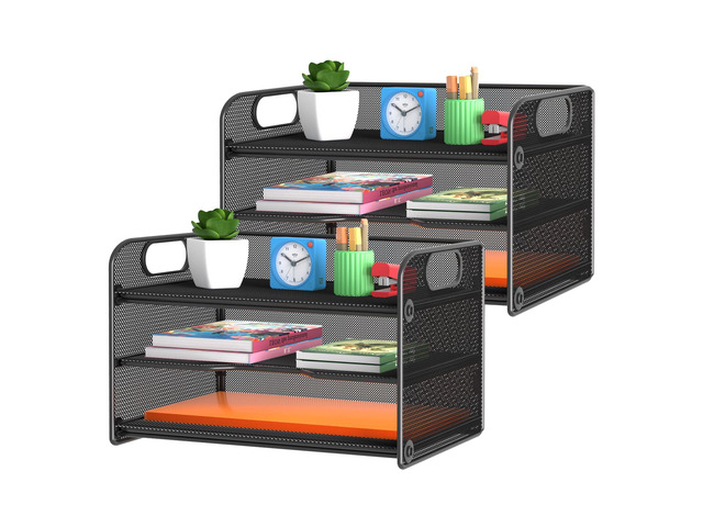 2 Pack 3 Tier Letter Tray Paper Organizer with Handle, Mesh Desk Organizer Paper Sorter File Rack Shelves, Black
