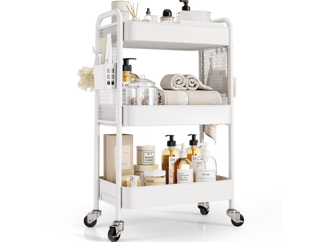 3 Tier Rolling Cart, Metal Utility Storage Cart with Pegboard, White 2 Bins & 4 Hooks, Screwless Assembly, Lockable Wheels, Trolley Organizer for...