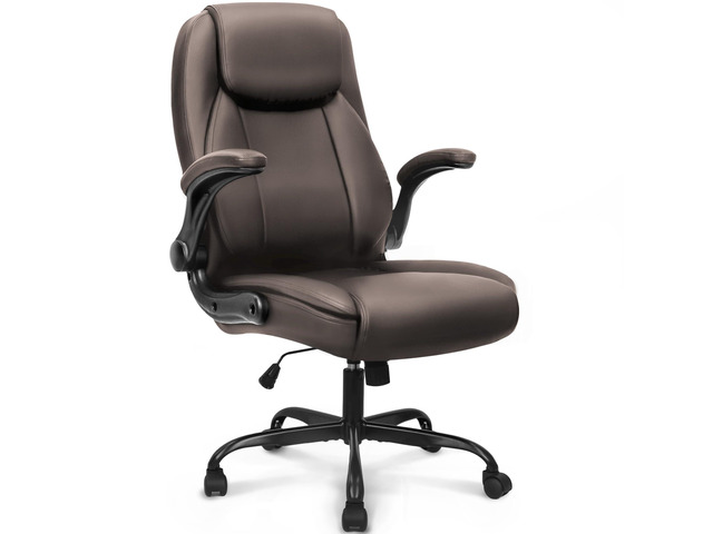 Office Desk Chair, High Back PU Leather with Flip-up Arms, Brown Ergonomic Tall Computer Desk Chair Comfy, Height Adjustable, Swivel Rolling Wheels...