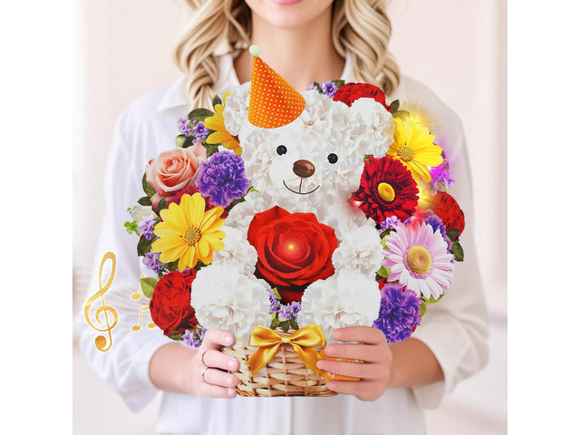 Birthday Card with MUSIC & LIGHTS, 3D Pop Up Bear Bouquet For Women 10 Inch Life Size, Play Birthday Song, Lights Dance, Paper Forever Flower,...