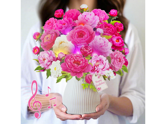 Birthday Cards with MUSIC LIGHTS, 3D Pop Up Penoy Bouquet For Women 10 Inch Life Size, Play Birthday Song, Lights Dance, Paper Forever Flower,...