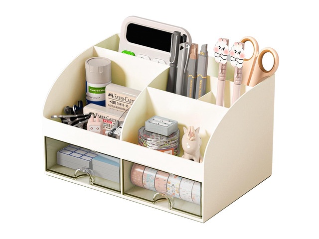 Desk Organizer with 6 Compartments and 2 Drawers, Plastic Makeup Organizer, Pen Holder for Desktop Storage, Desk Organization for School, Home,...