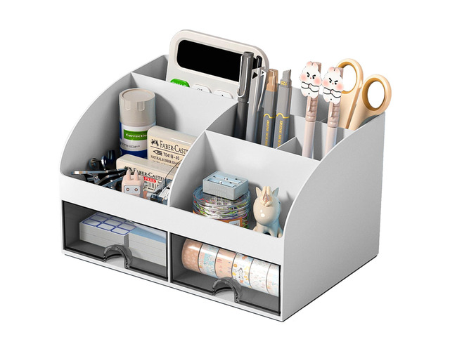 Desk Organizer with 6 Compartments and 2 Drawers, Plastic Makeup Organizer, Pen Holder for Desktop Storage, Desk Organization for School, Home,...